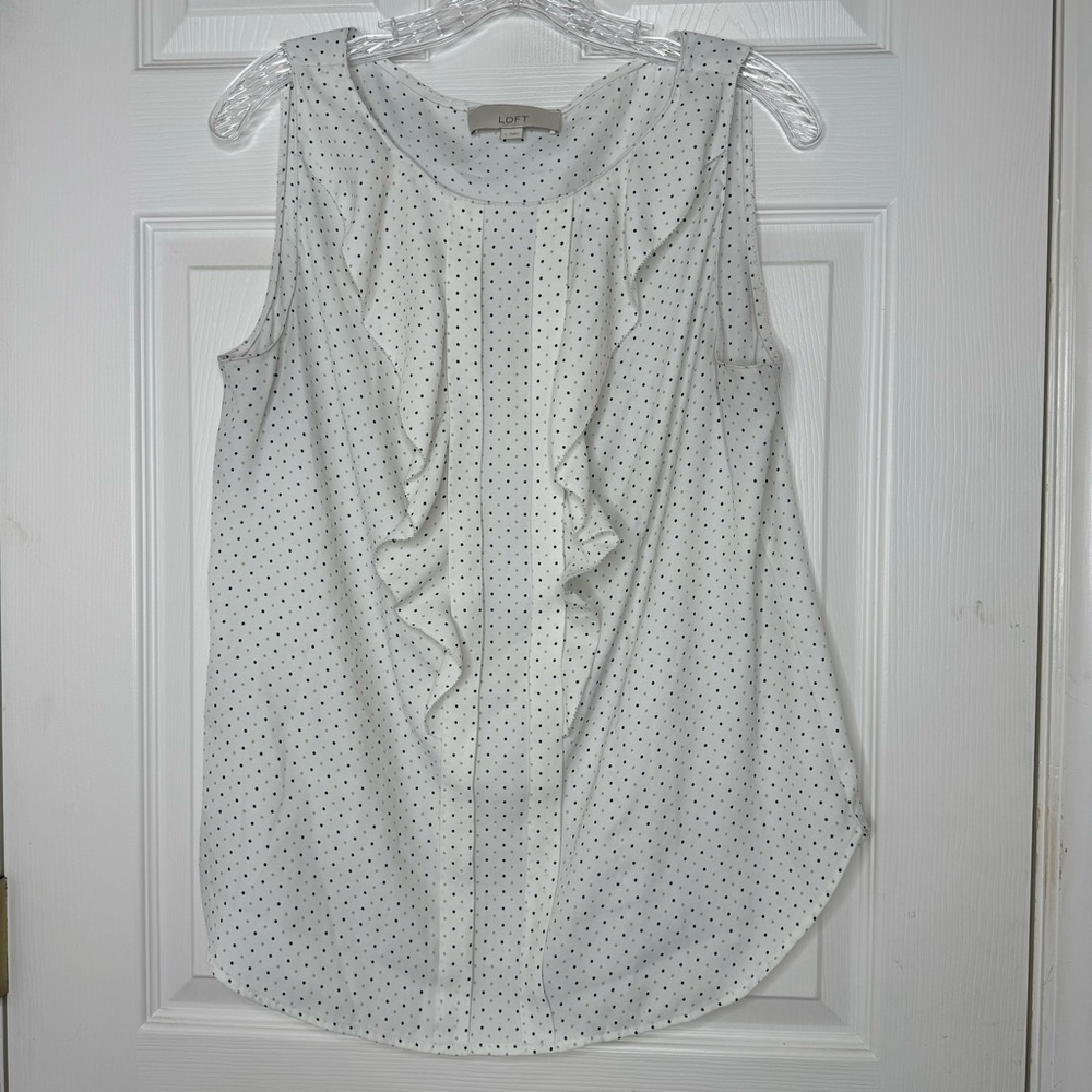 Ann Taylor Loft Mini Dot Sleeveless Ruffle Front Blouse Size Large‎